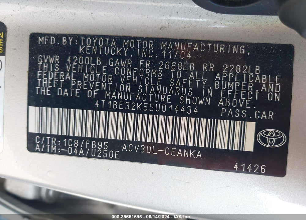 2005 TOYOTA CAMRY LE VIN: 4T1BE32K55U014434