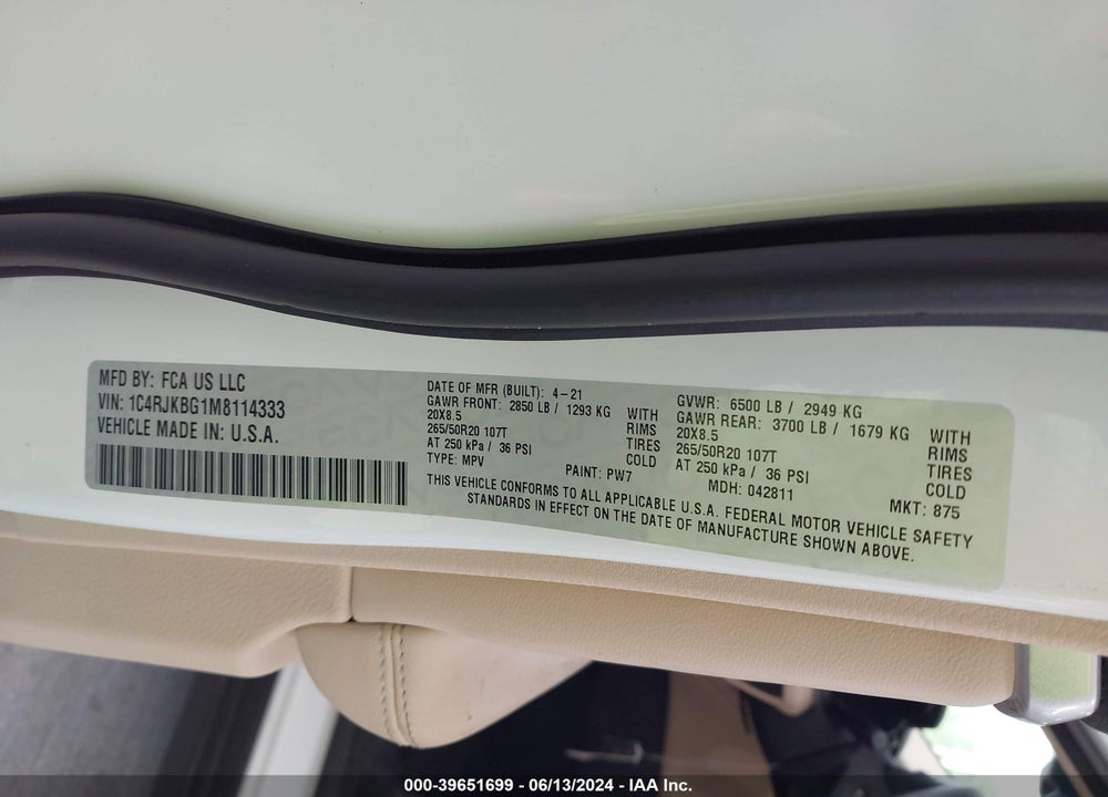 2021 JEEP GRAND CHEROKEE L LIMITED 4X4 VIN: 1C4RJKBG1M8114333