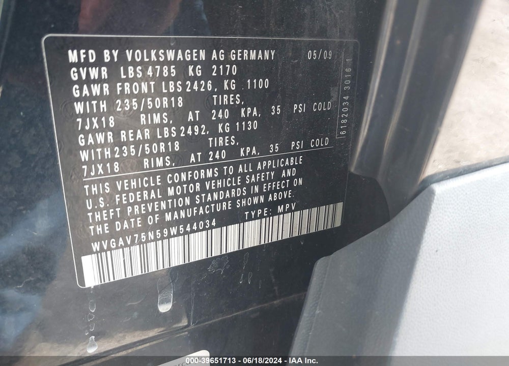 2009 VOLKSWAGEN TIGUAN SE VIN: WVGAV75N59W544034
