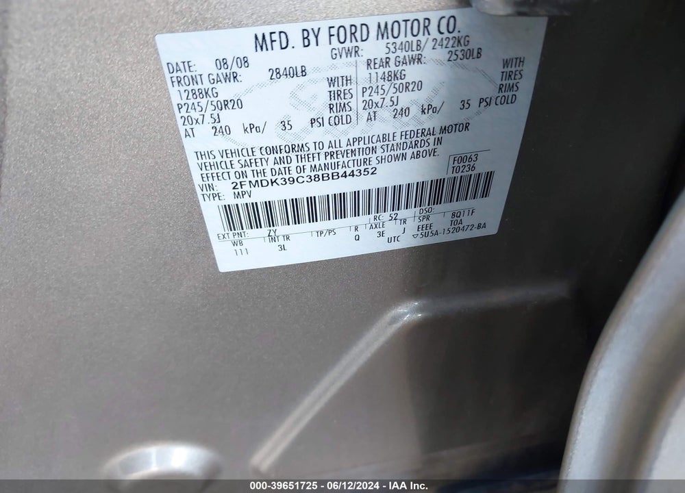 2008 FORD EDGE LIMITED VIN: 2FMDK39C38BB44352