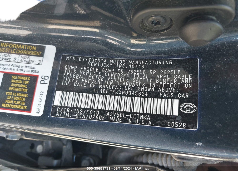 2017 TOYOTA CAMRY LE VIN: 4T1BF1FKXHU345624