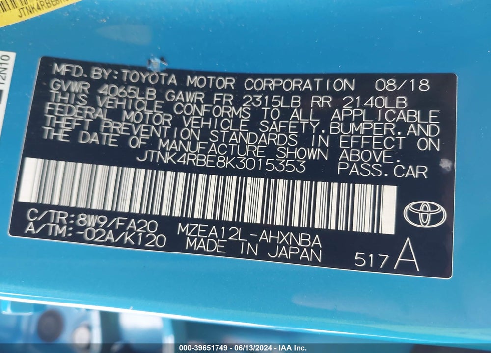 2019 TOYOTA COROLLA SE VIN: JTNK4RBE8K3015353