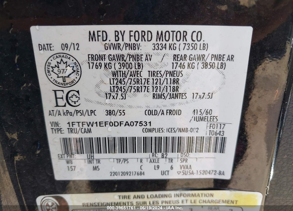 2013 FORD F-150 XLT VIN: 1FTFW1EF0DFA07531