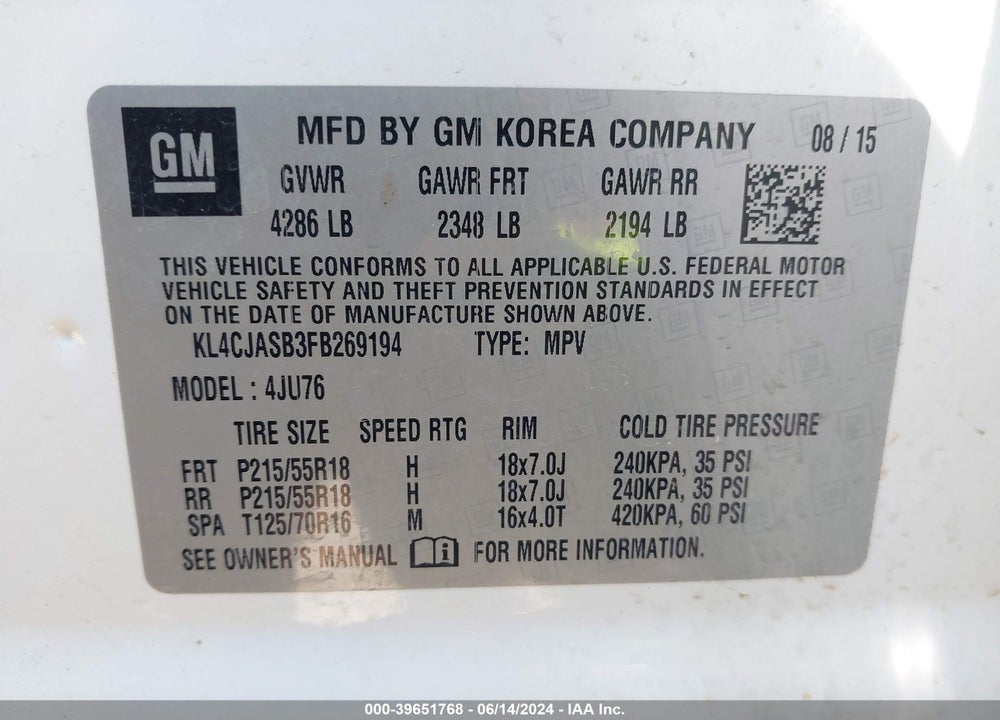 2015 BUICK ENCORE VIN: KL4CJASB3FB269194