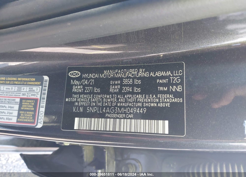 2021 HYUNDAI ELANTRA SE VIN: 5NPLL4AG3MH049449