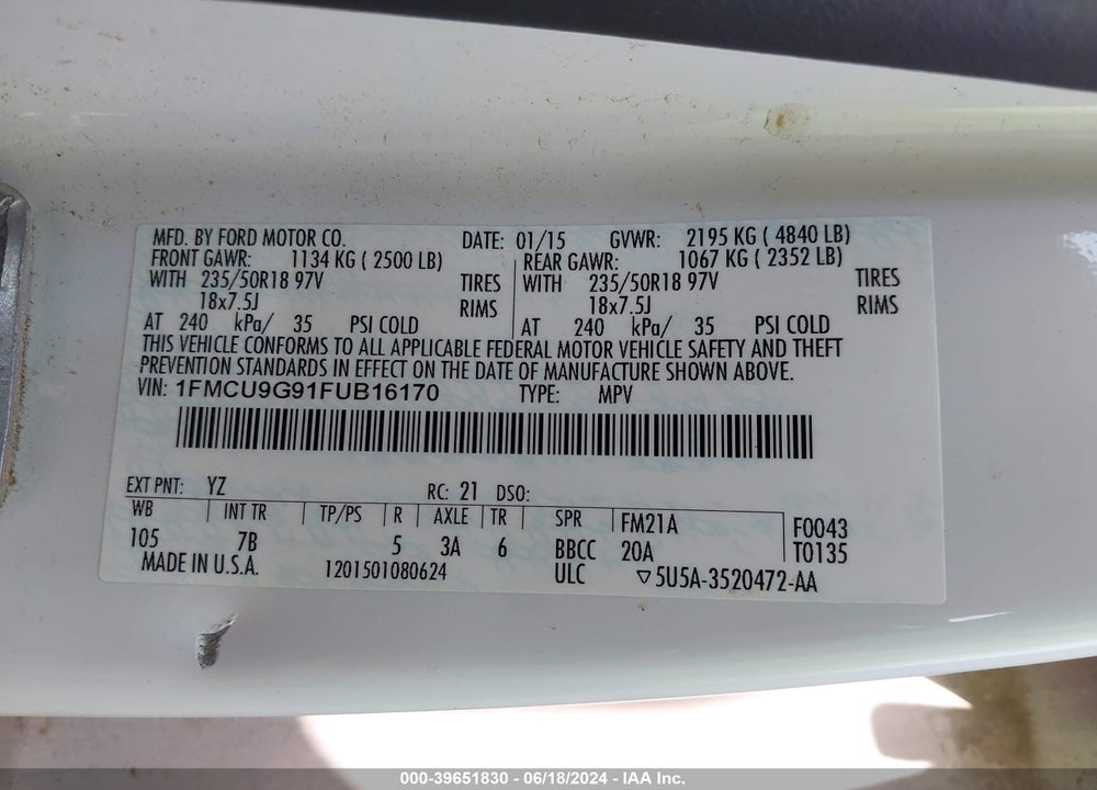 2015 FORD ESCAPE SE VIN: 1FMCU9G91FUB16170