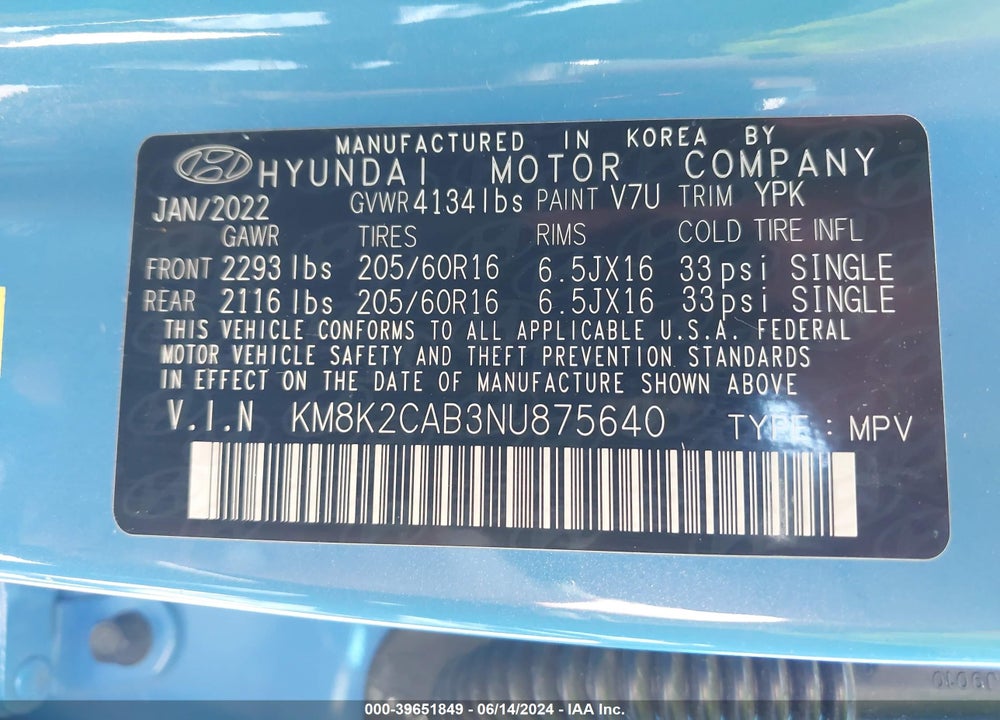 2022 HYUNDAI KONA SE VIN: KM8K2CAB3NU875640