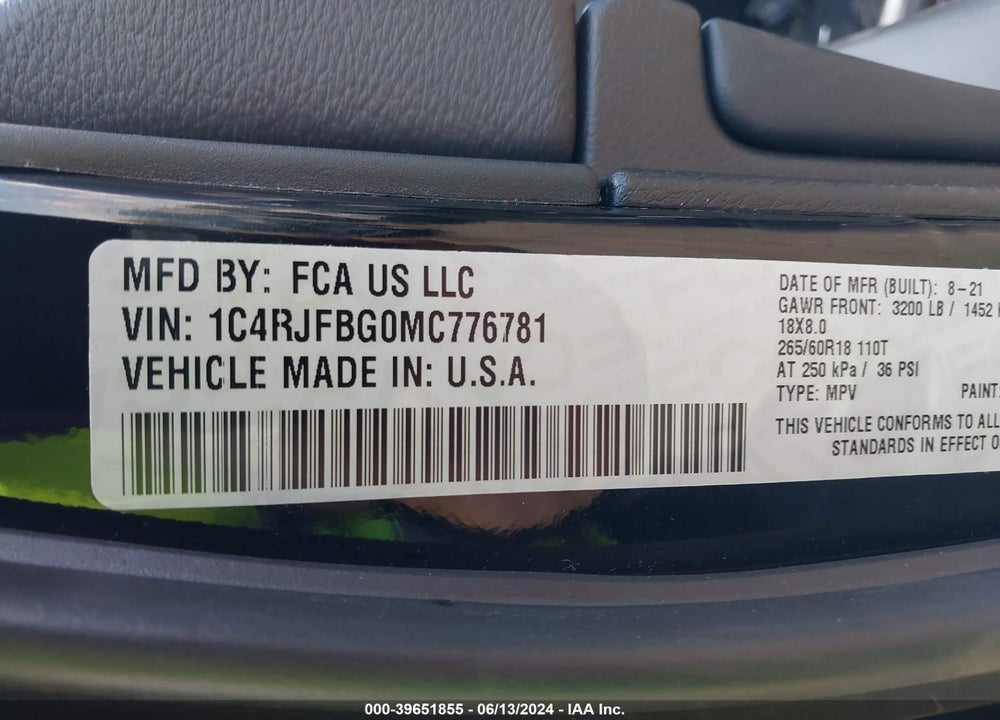 2021 CHEROKEE JEEP GRAND  LIMITED 4X4 VIN: 1C4RJFBG0MC776781