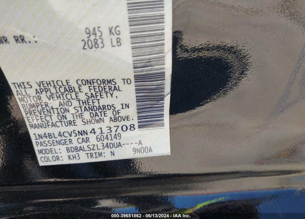 2022 NISSAN ALTIMA SR FWD VIN: 1N4BL4CV5NN413708
