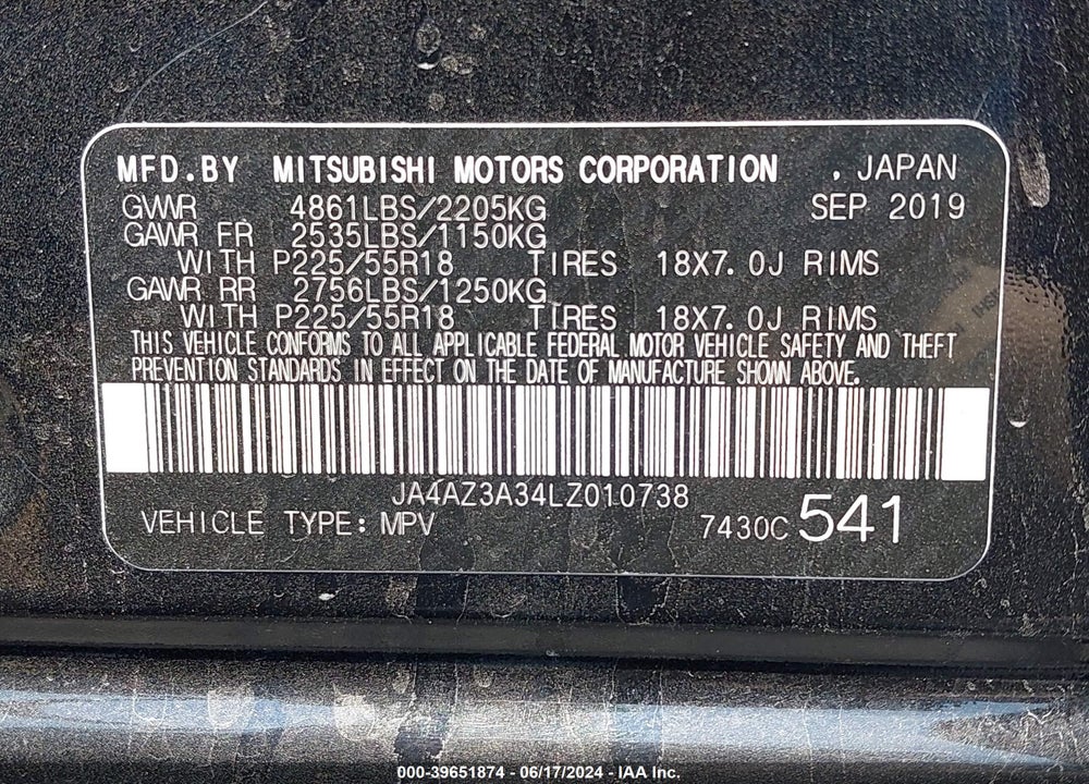 2020 MITSUBISHI OUTLANDER SE 2.4 S-AWC VIN: JA4AZ3A34LZ010738