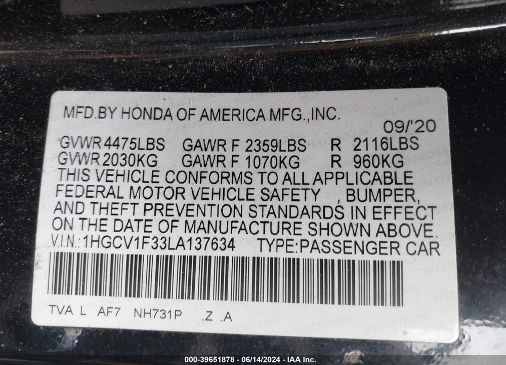 2020 HONDA ACCORD SPORT VIN: 1HGCV1F33LA137634