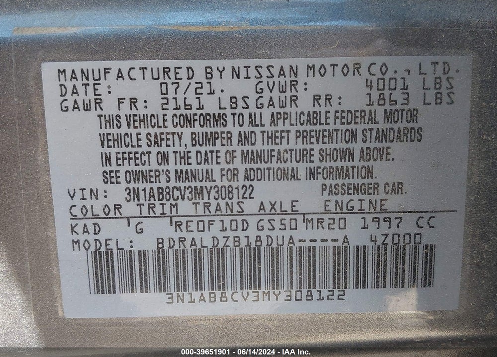 2021 NISSAN SENTRA SV XTRONIC CVT VIN: 3N1AB8CV3MY308122