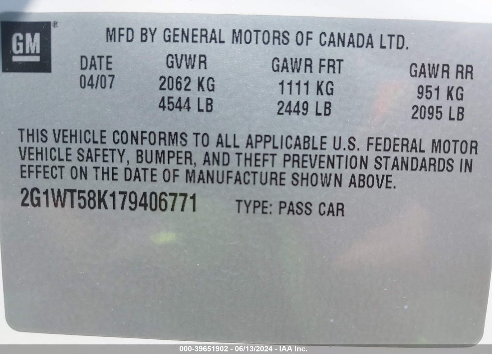 2007 CHEVROLET IMPALA LT VIN: 2G1WT58K179406771