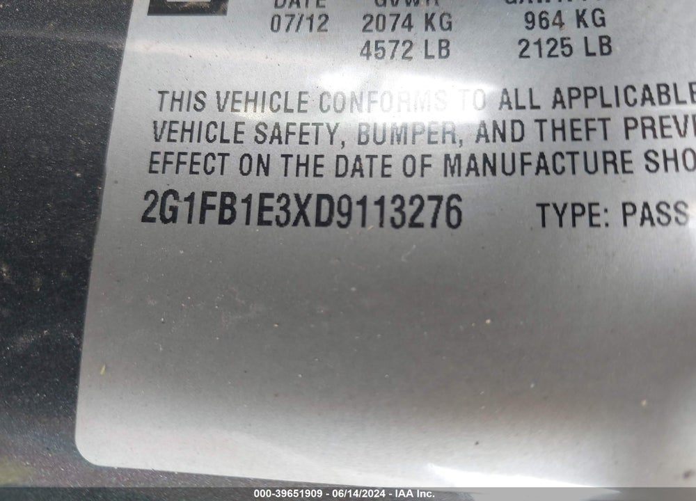 2013 CHEVROLET CAMARO 1LT VIN: 2G1FB1E3XD9113276