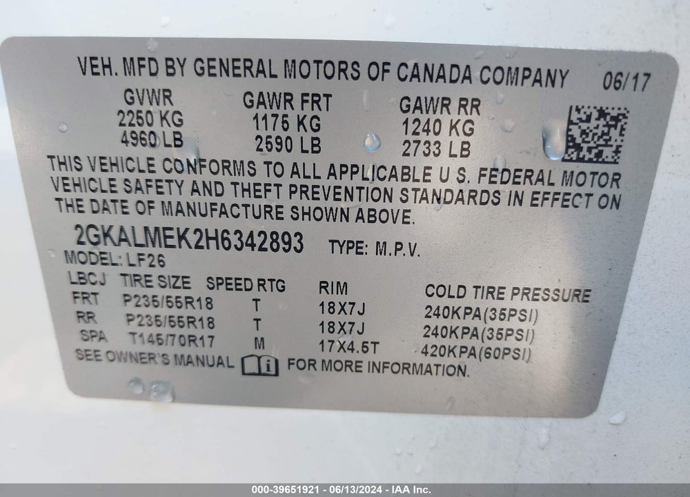 2017 GMC TERRAIN SLE-1 VIN: 2GKALMEK2H6342893
