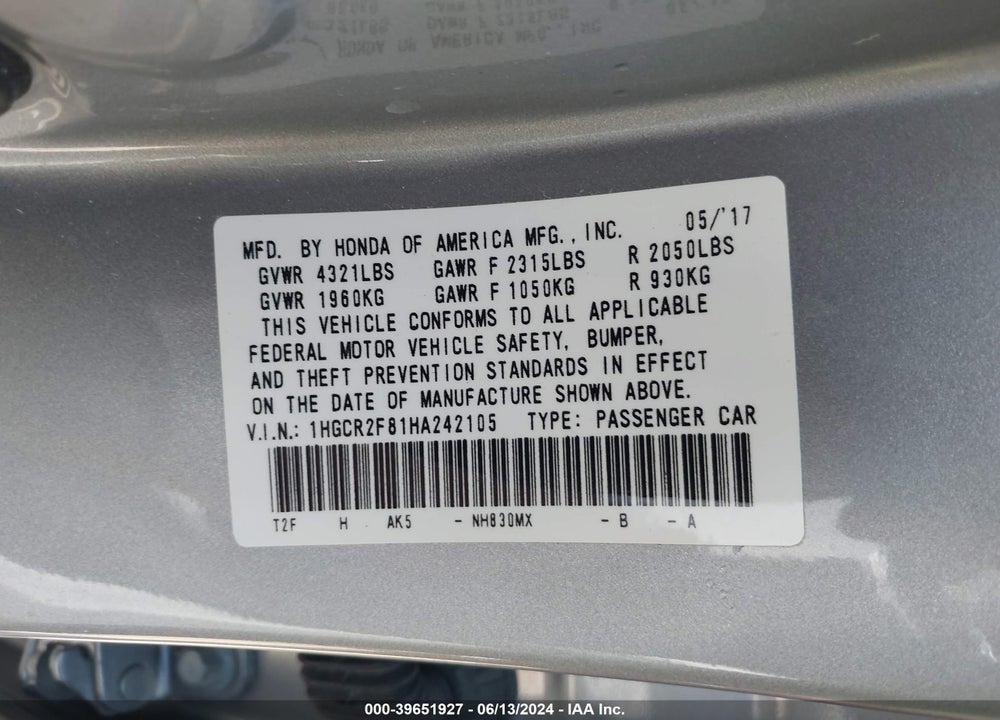 2017 HONDA ACCORD EX-L VIN: 1HGCR2F81HA242105
