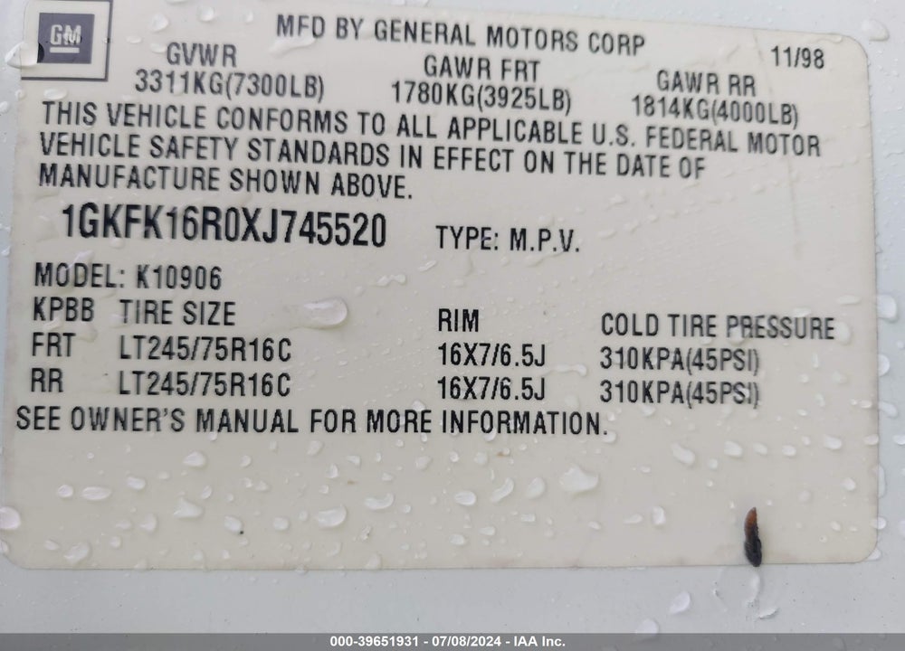 1999 GMC SUBURBAN 1500 SL VIN: 1GKFK16R0XJ745520