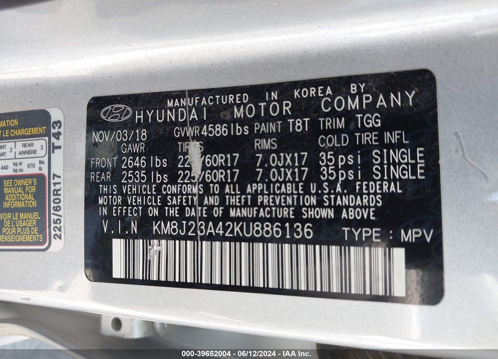 2019 HYUNDAI TUCSON VIN: KM8J23A42KU886136
