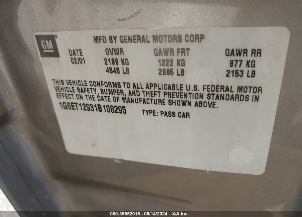 2001 CADILLAC ELDORADO ETC VIN: 1G6ET12931B108295
