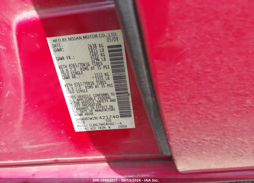 2009 NISSAN FRONTIER SE VIN: 1N6AD07W19C421740