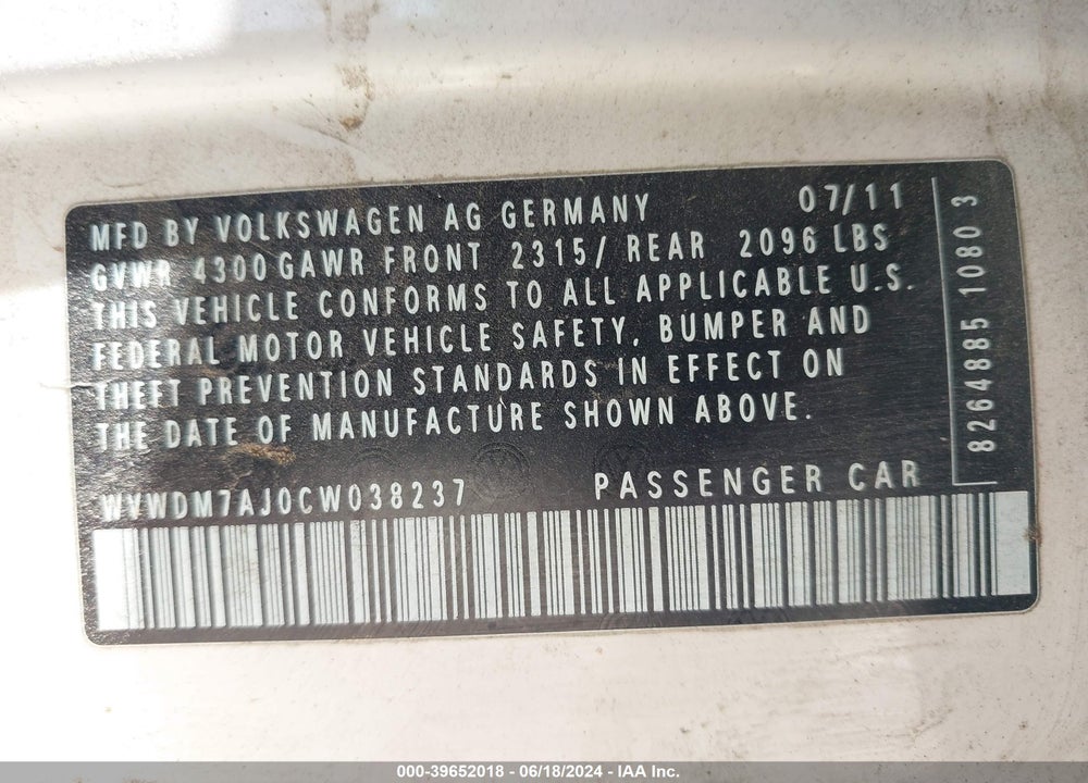 2012 VOLKSWAGEN GOLF TDI 4-DOOR VIN: WVWDM7AJ0CW038237