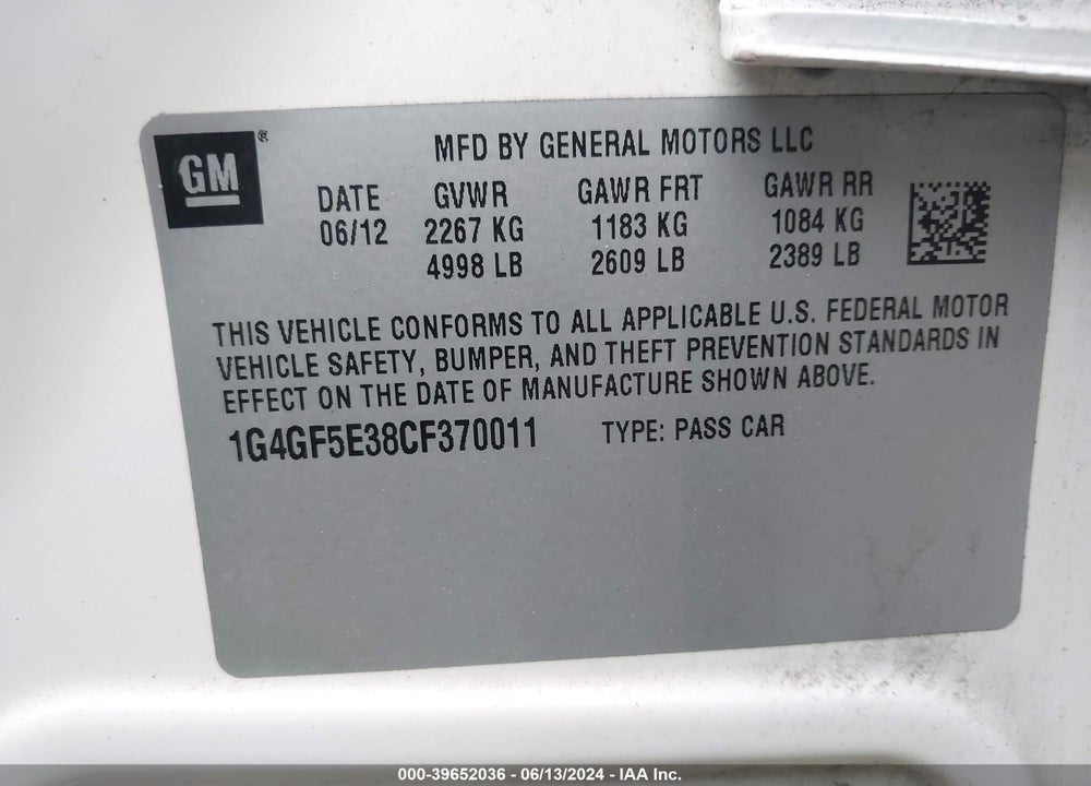 2012 BUICK LACROSSE PREMIUM 2 GROUP VIN: 1G4GF5E38CF370011