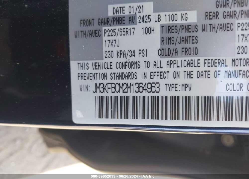 2021 MAZDA CX-5 TOURING VIN: JM3KFBCM2M1364963