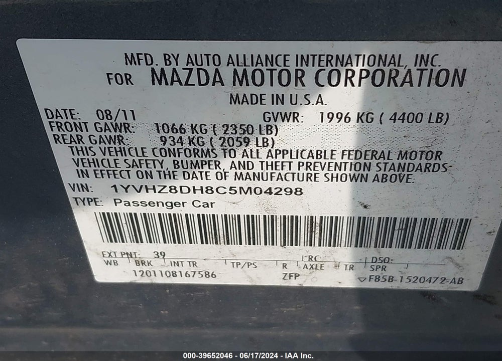2012 MAZDA 6 I TOURING VIN: 1YVHZ8DH8C5M04298