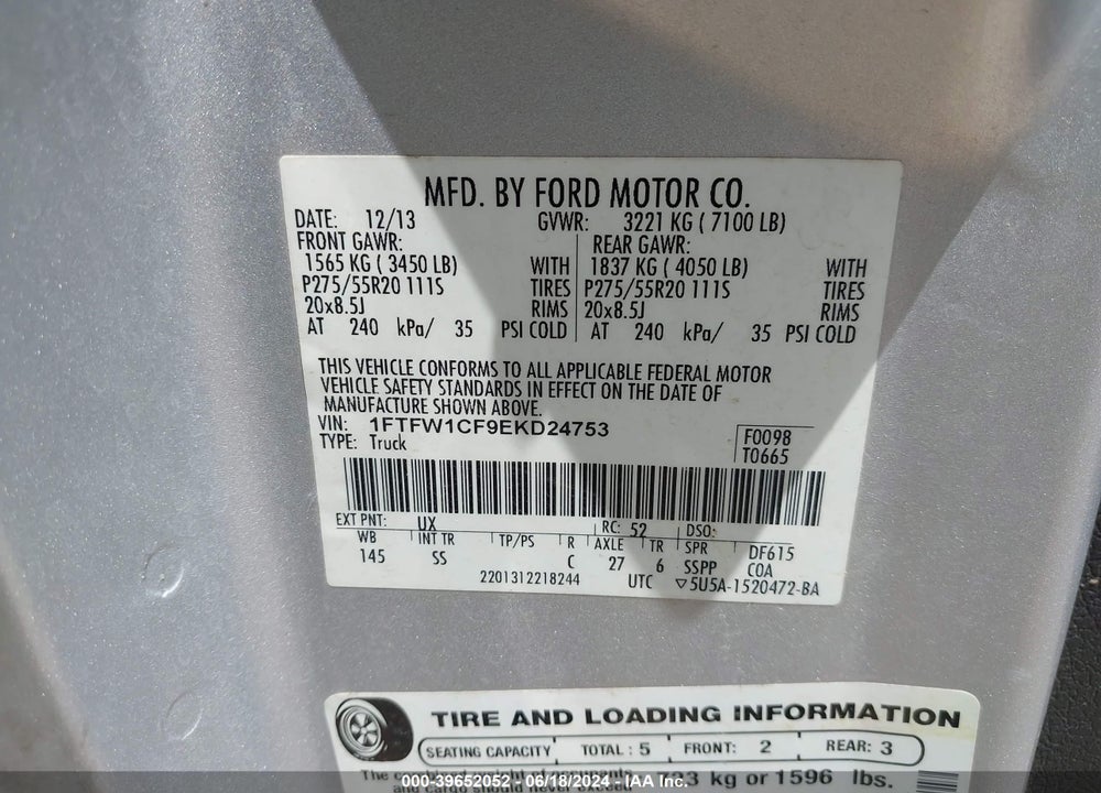 2014 FORD F-150 STX VIN: 1FTFW1CF9EKD24753
