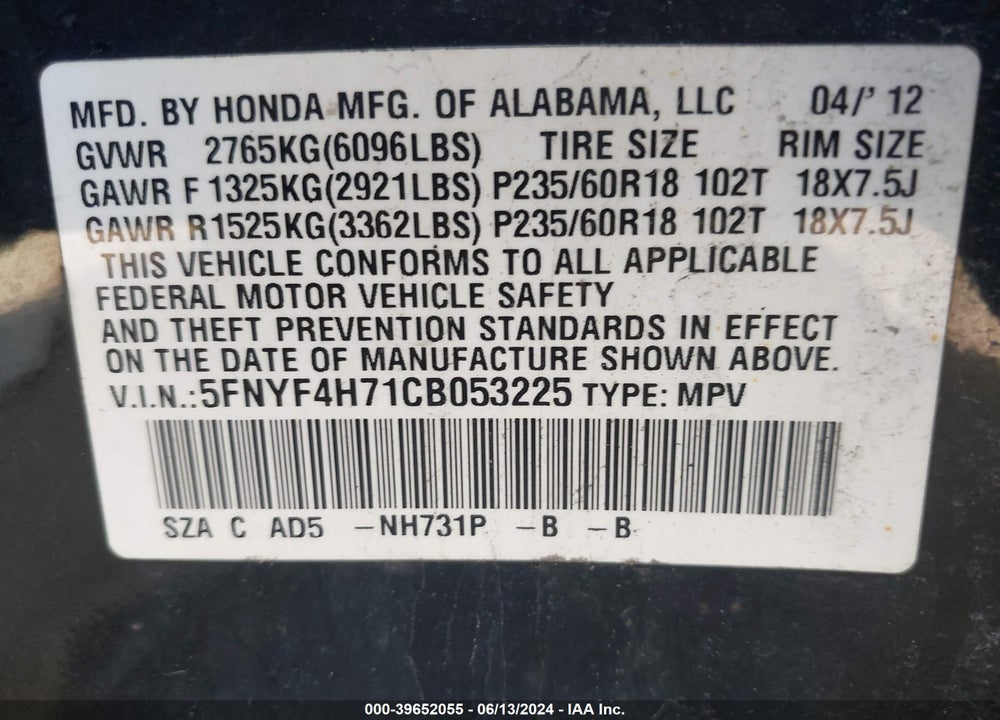 2012 HONDA PILOT EX-L VIN: 5FNYF4H71CB053225