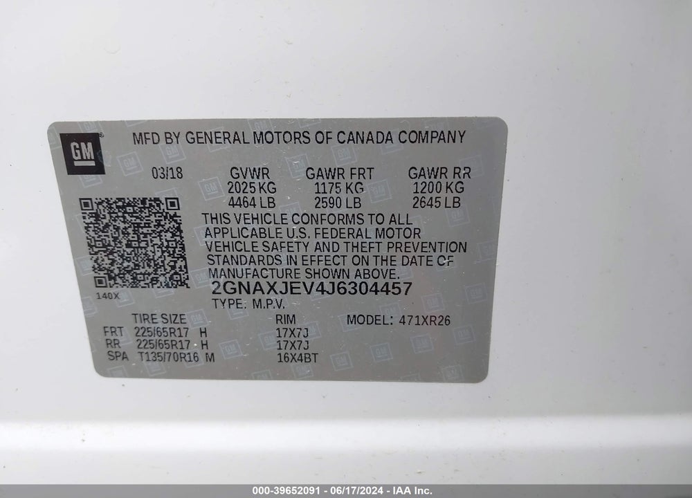 2018 CHEVROLET EQUINOX VIN: 2GNAXJEV4J6304457