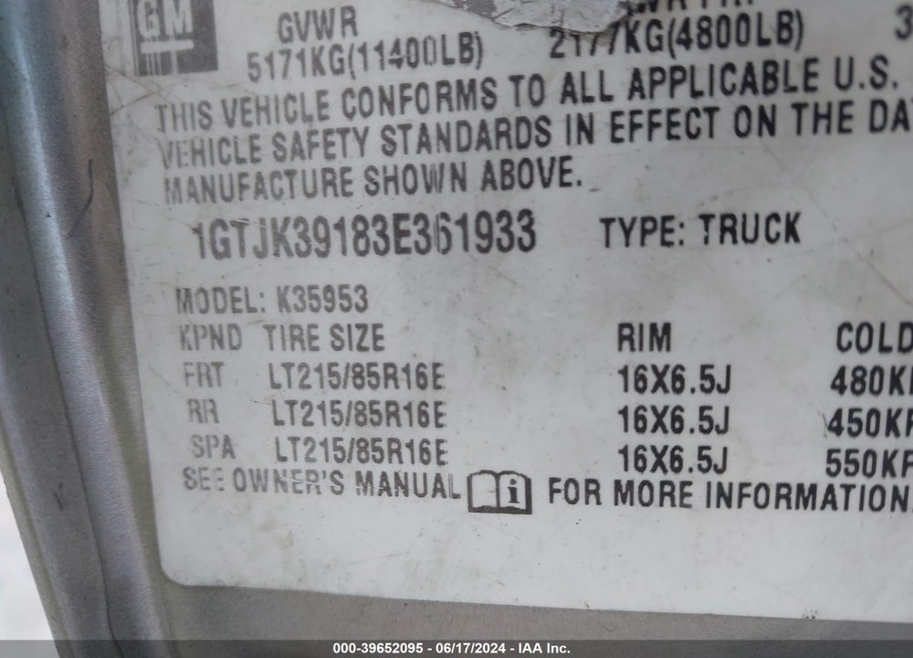 2003 GMC SIERRA 3500 SLT VIN: 1GTJK39183E361933