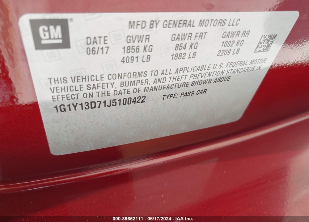 2018 CHEVROLET CORVETTE GRAND SPORT VIN: 1G1Y13D71J5100422