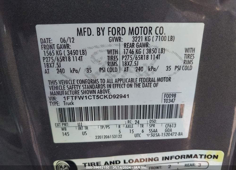 2012 FORD F-150 XLT VIN: 1FTFW1CT5CKD92941