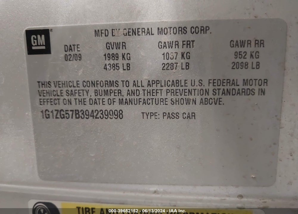 2009 CHEVROLET MALIBU LS VIN: 1G1ZG57B394239998