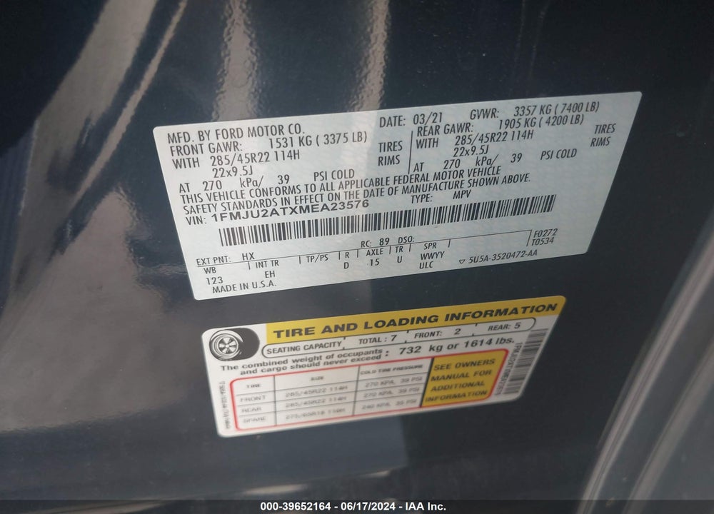 2021 FORD EXPEDITION LIMITED VIN: 1FMJU2ATXMEA23576
