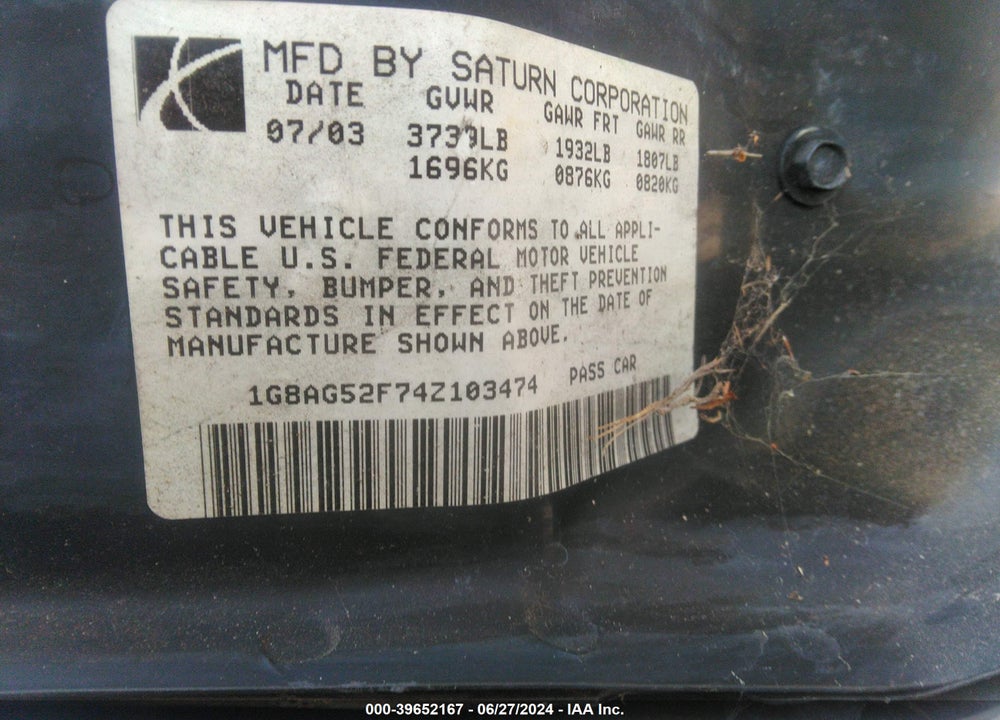 2004 SATURN ION 1 VIN: 1G8AG52F74Z103474