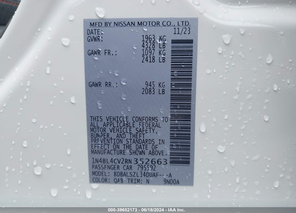 2024 NISSAN ALTIMA SR FWD VIN: 1N4BL4CV2RN352663