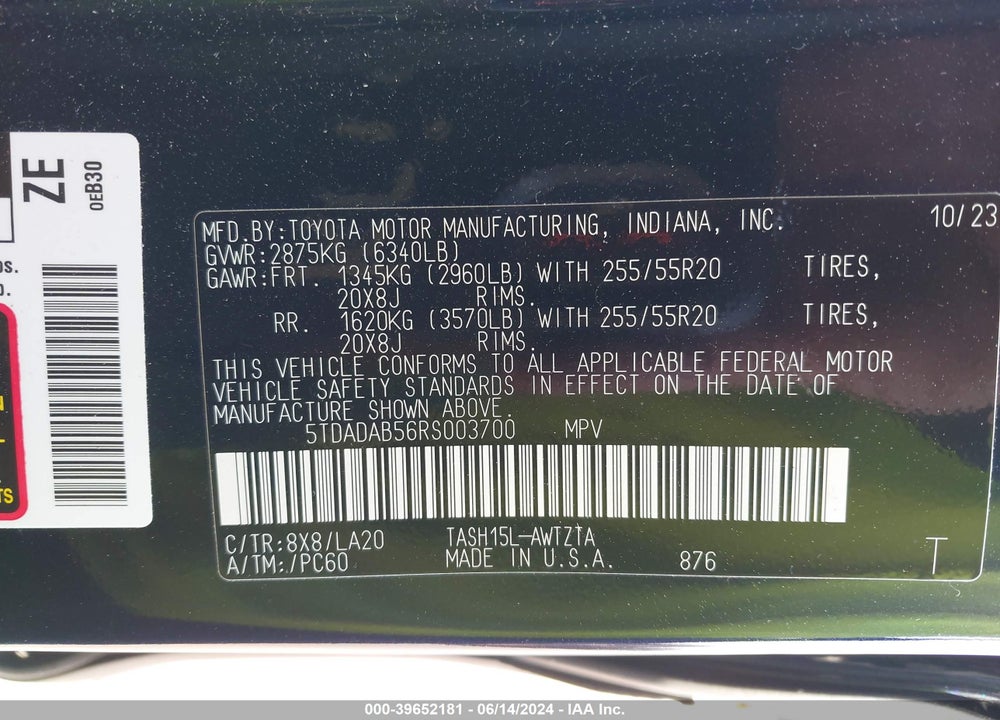 2024 TOYOTA GRAND HIGHLANDER HYBRID PLATINUM MAX VIN: 5TDADAB56RS003700