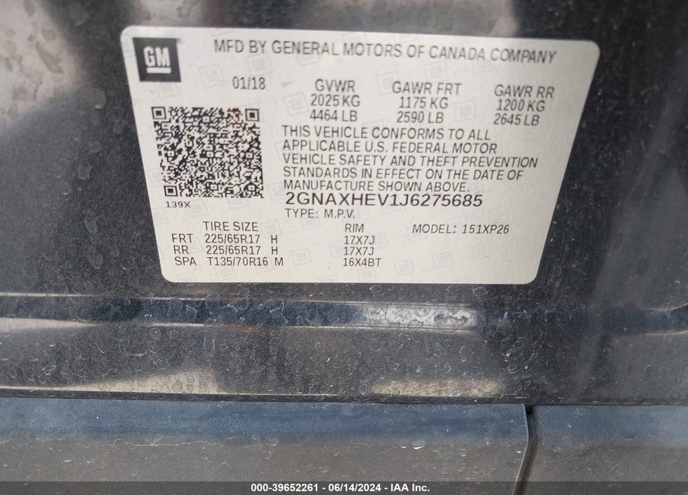 2018 CHEVROLET EQUINOX LS VIN: 2GNAXHEV1J6275685