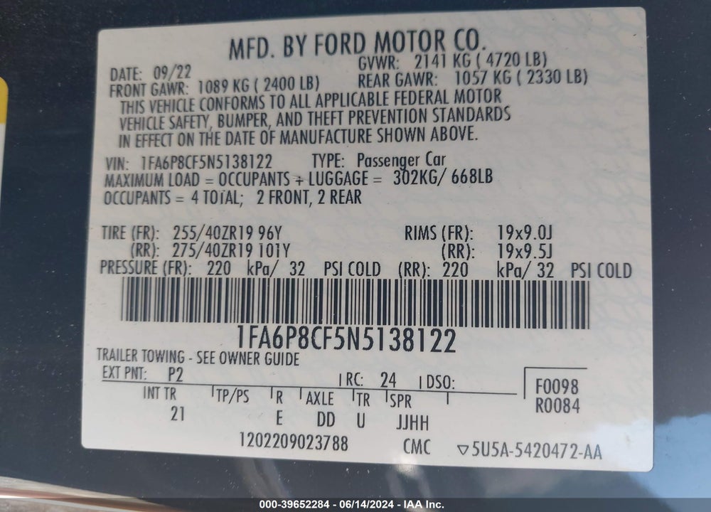 2022 FORD MUSTANG GT FASTBACK VIN: 1FA6P8CF5N5138122