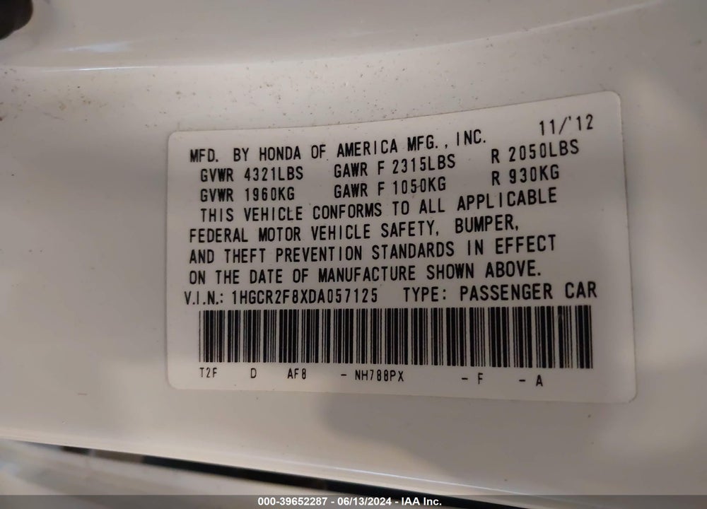 2013 HONDA ACCORD EX-L VIN: 1HGCR2F8XDA057125