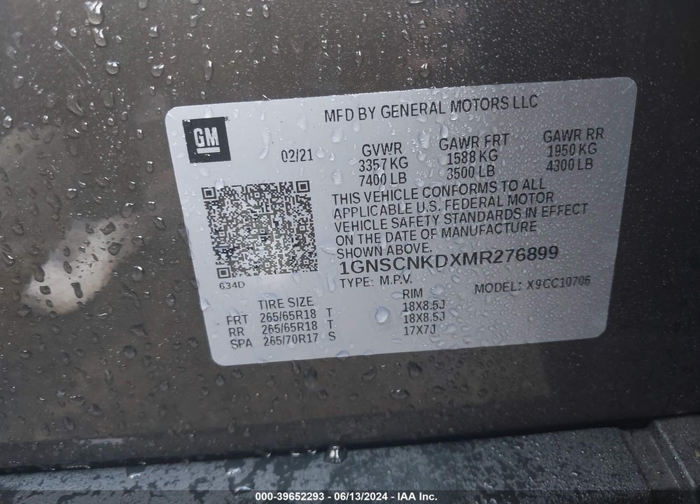 2021 CHEVROLET TAHOE 2WD LT VIN: 1GNSCNKDXMR276899