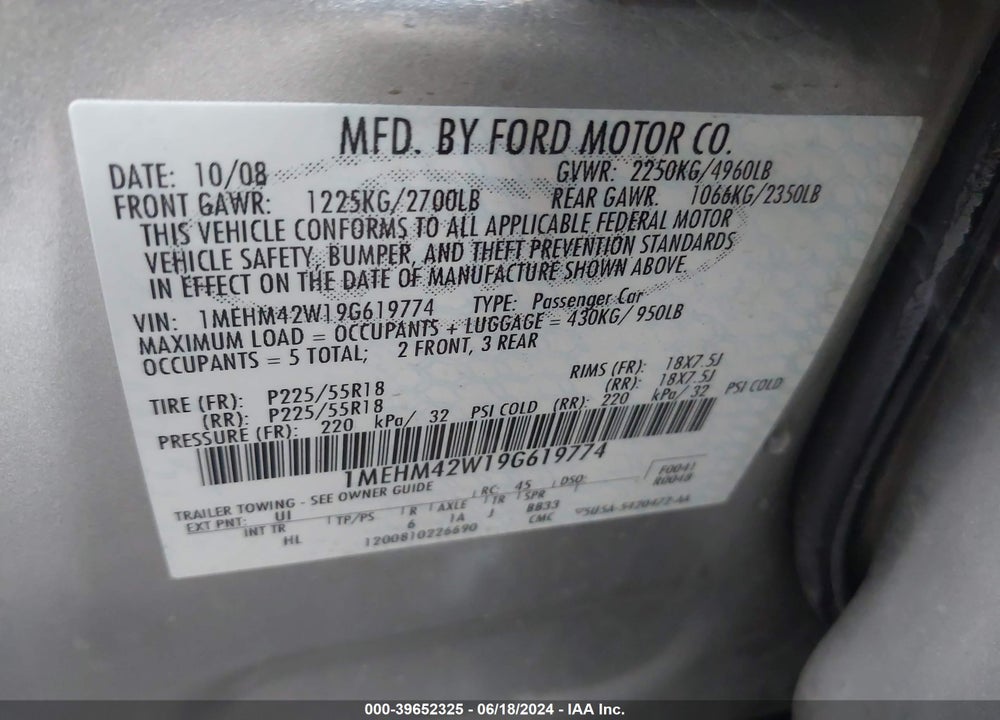 2009 MERCURY SABLE PREMIER VIN: 1MEHM42W19G619774