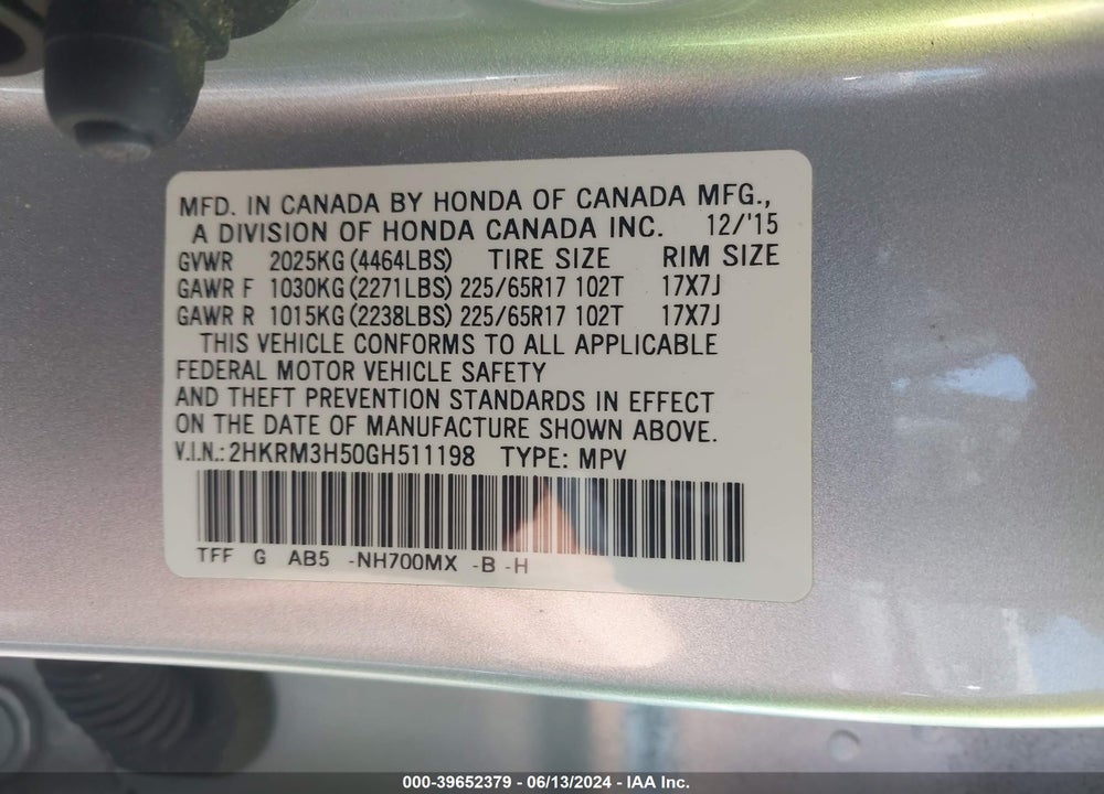 2016 HONDA CR-V EX VIN: 2HKRM3H50GH511198