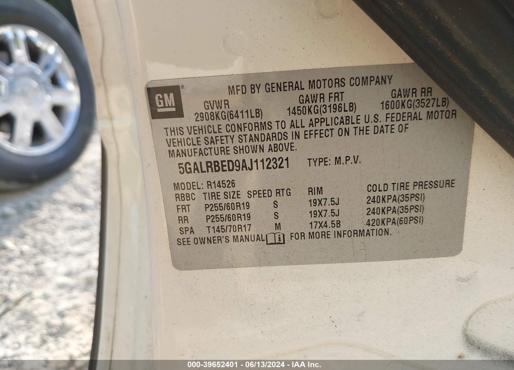 2010 BUICK ENCLAVE 1XL VIN: 5GALRBED9AJ112321