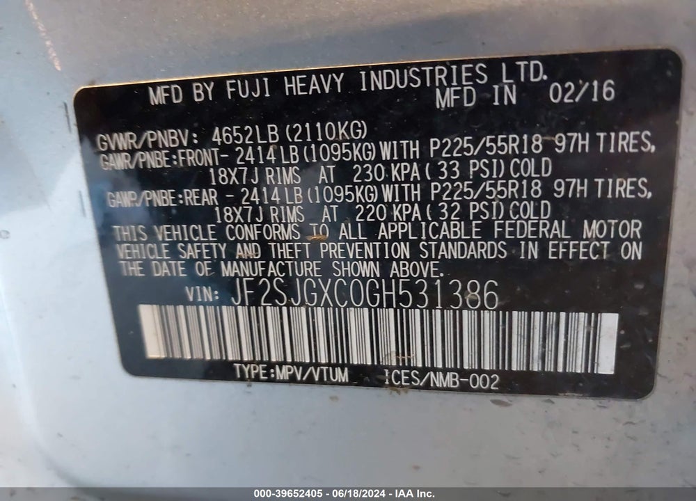 2016 SUBARU FORESTER 2.0XT TOURING VIN: JF2SJGXC0GH531386