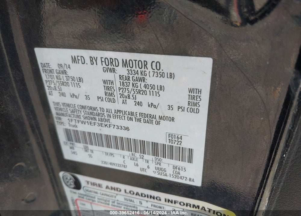 2014 FORD F-150 STX VIN: 1FTFW1EF3EKF73336