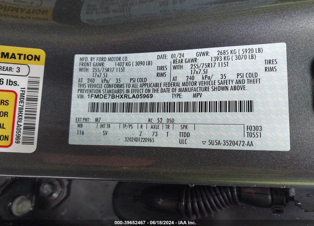 2024 FORD BRONCO BIG BEND VIN: 1FMDE7BHXRLA05969