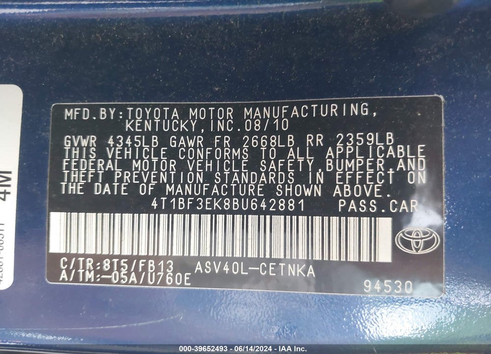 2011 TOYOTA CAMRY LE VIN: 4T1BF3EK8BU642881